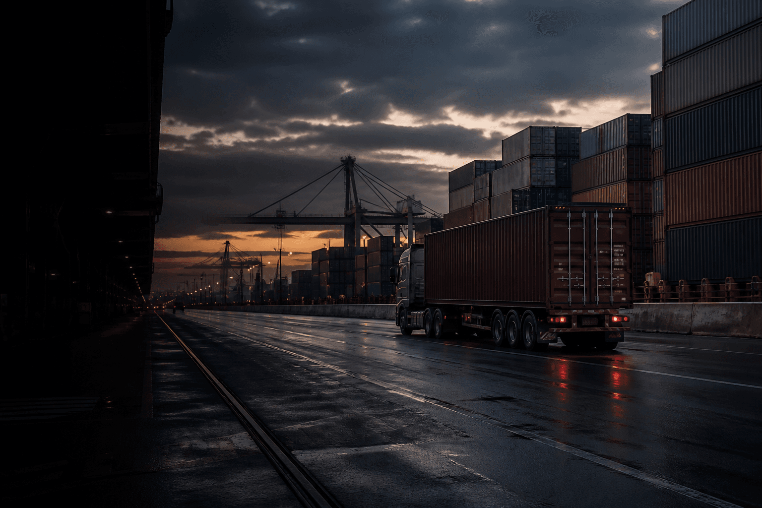 Freight truck at a dusk container port